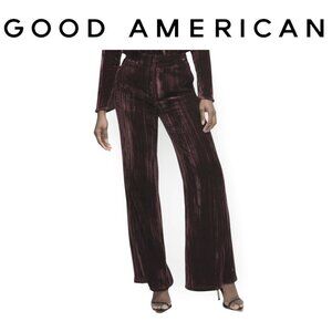 Good American Burgundy Crinkle Velvet Wide Leg Trousers size XS (Tall Friendly)
